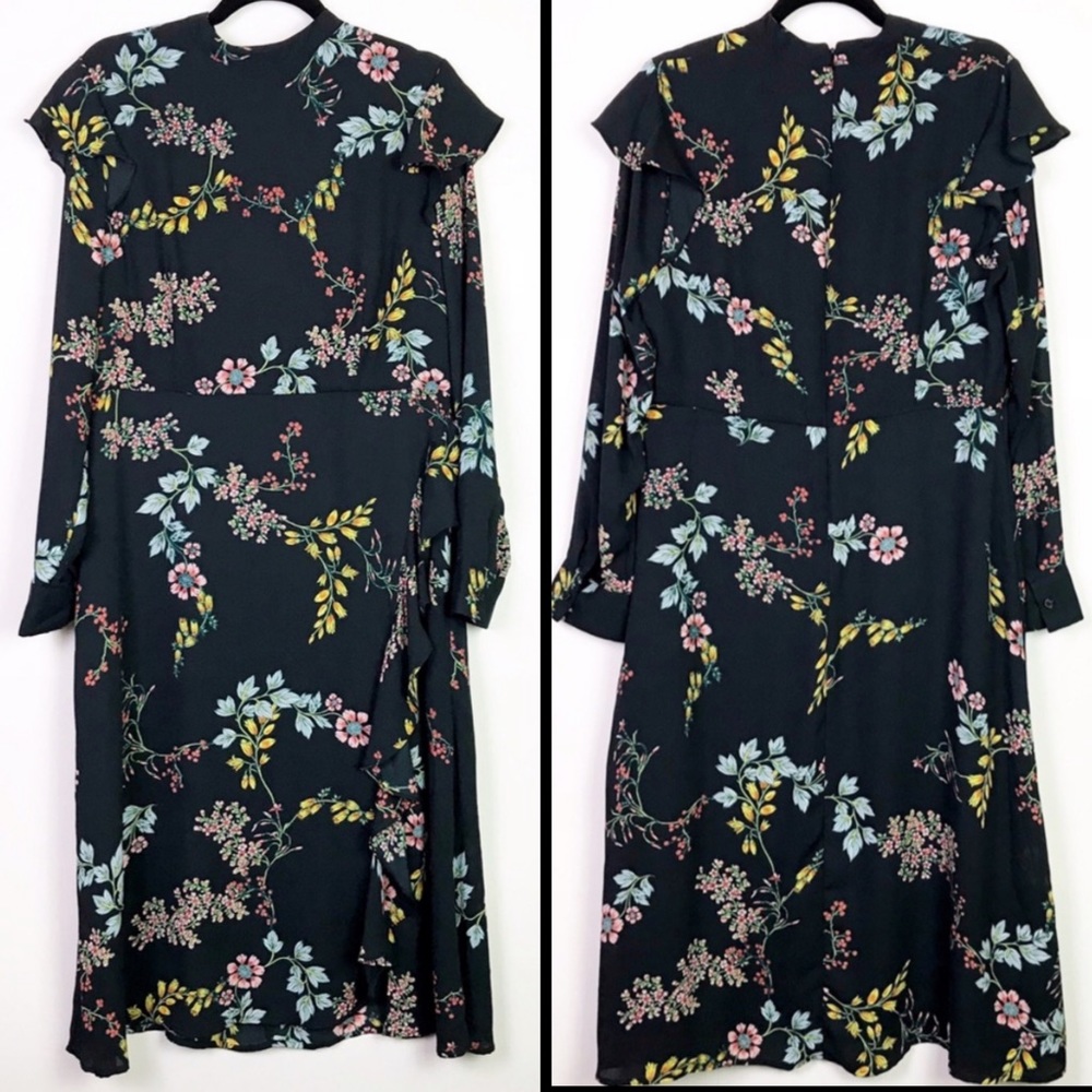 WHO WHAT WEAR black retro ruffle floral midi dress large